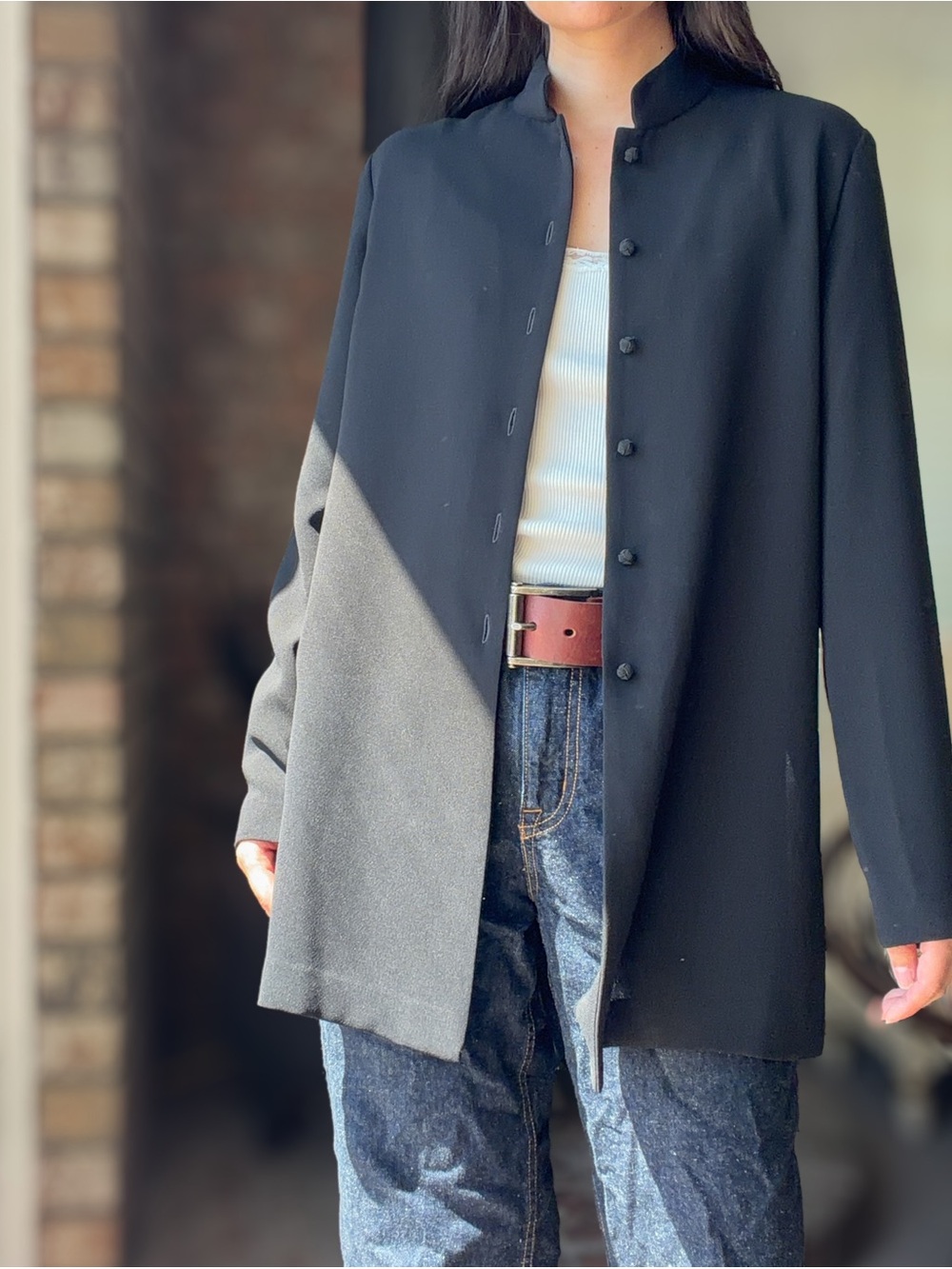 Classic Jones New York Mid Length Black Mandarin Collar and Frog Clasp Jacket